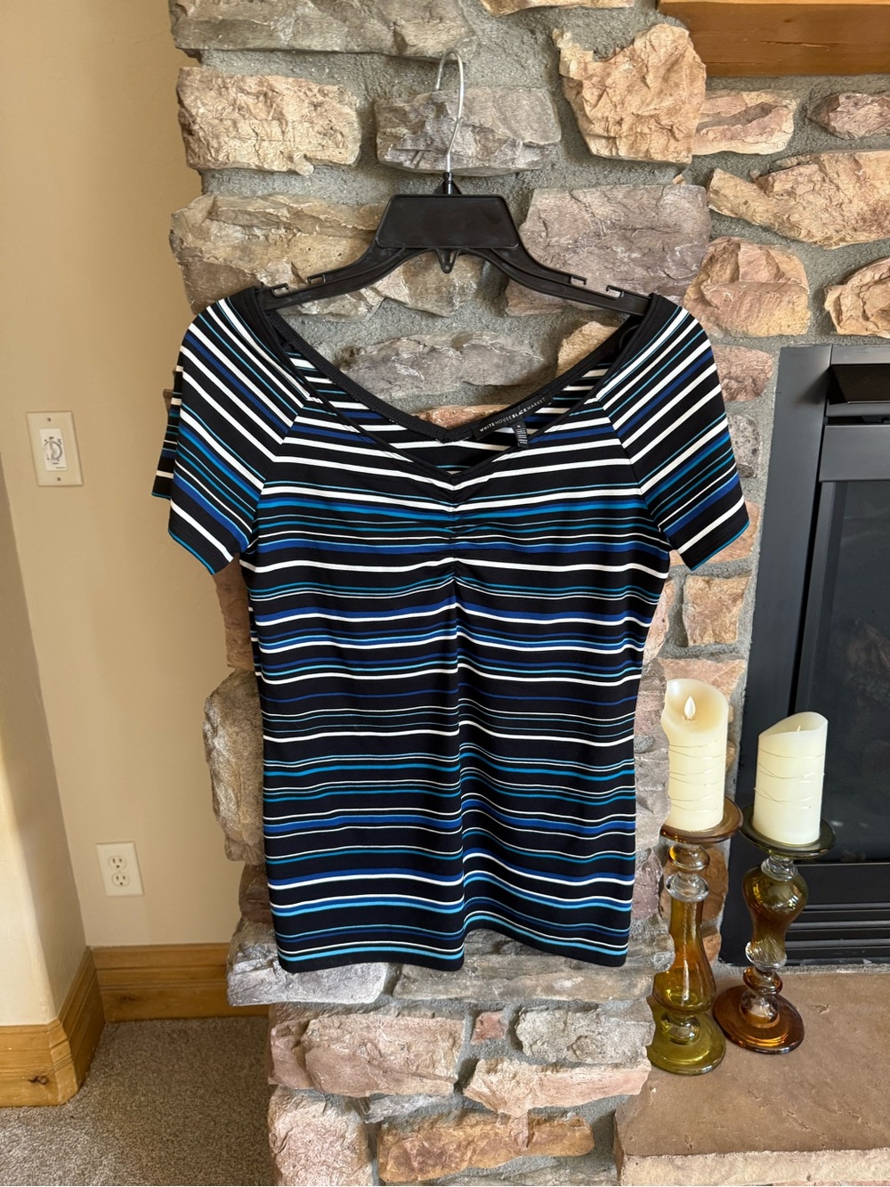 White House Black Market Black, Blue & White Striped Short Sleeve Top
